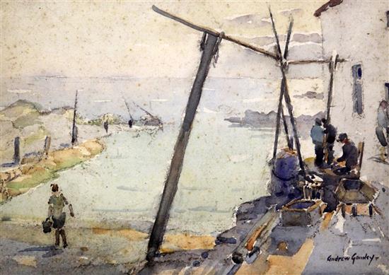 Andrew Archer Gamley (1869-1949), watercolour, Fishermen on the quay, signed, 27 x 37cm